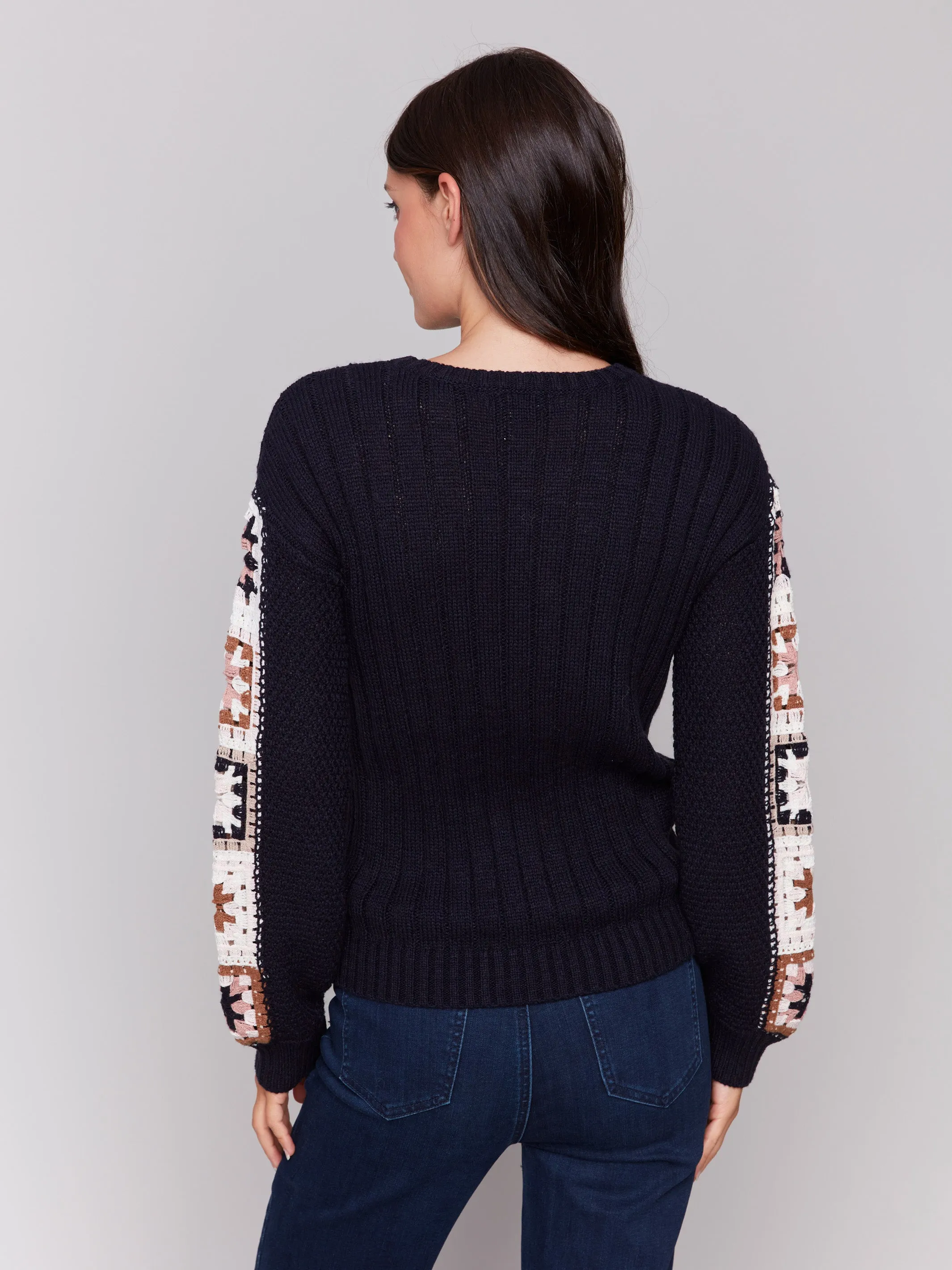 Sweater with Crochet Sleeves - Navy