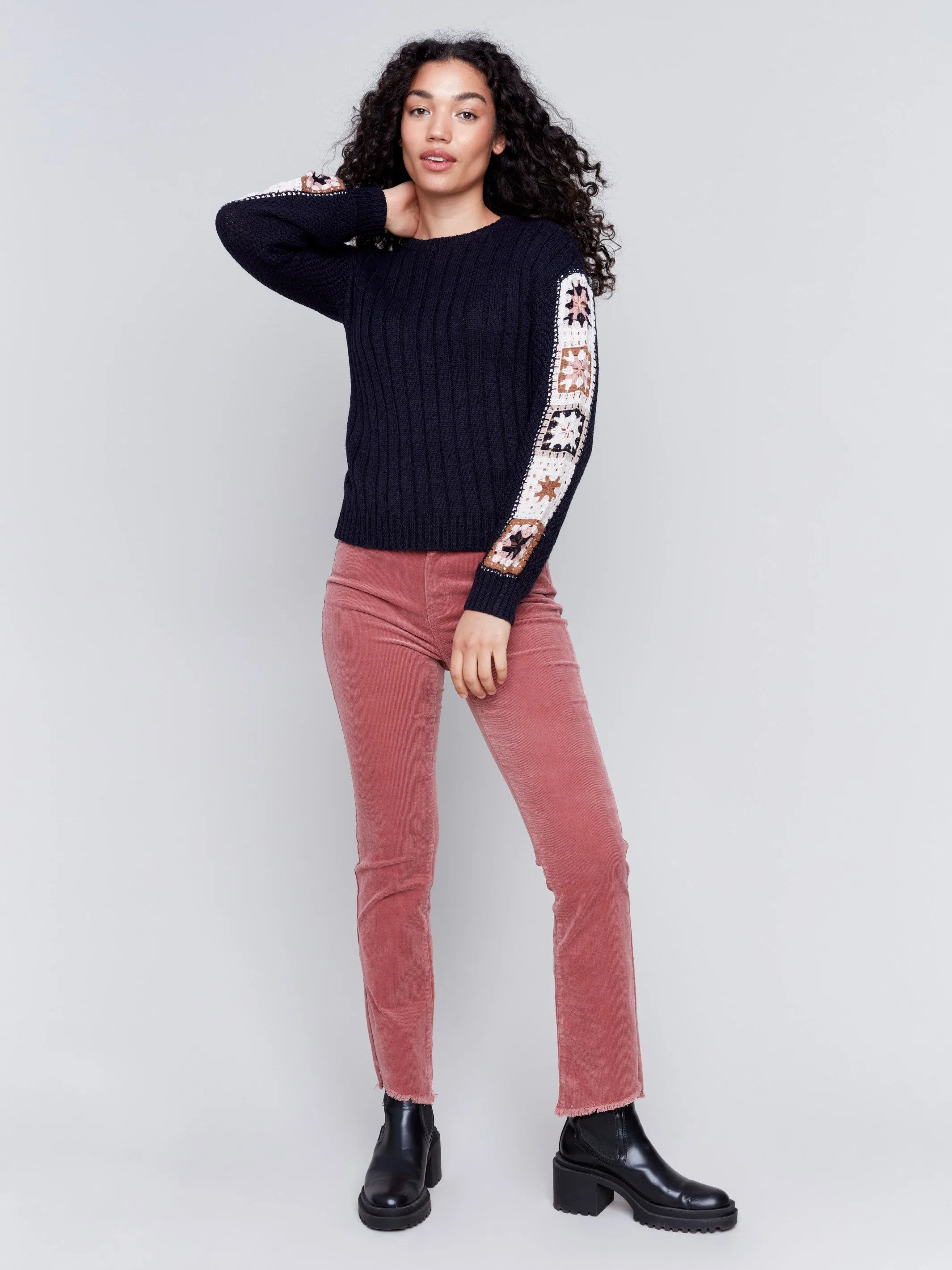 Sweater with Crochet Sleeves - Navy