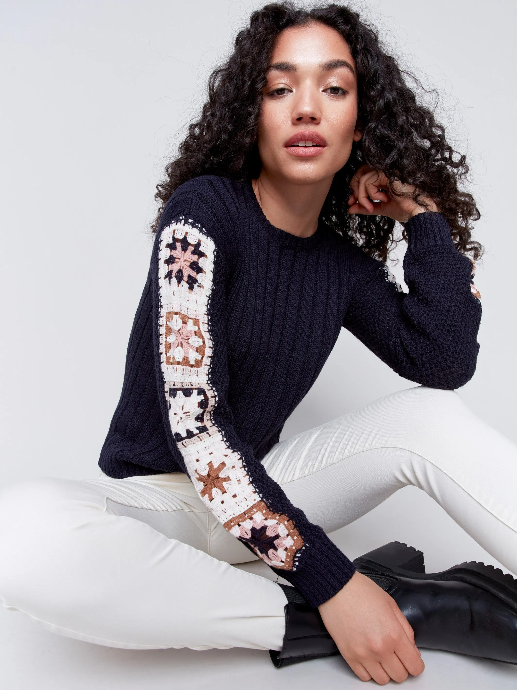 Sweater with Crochet Sleeves - Navy