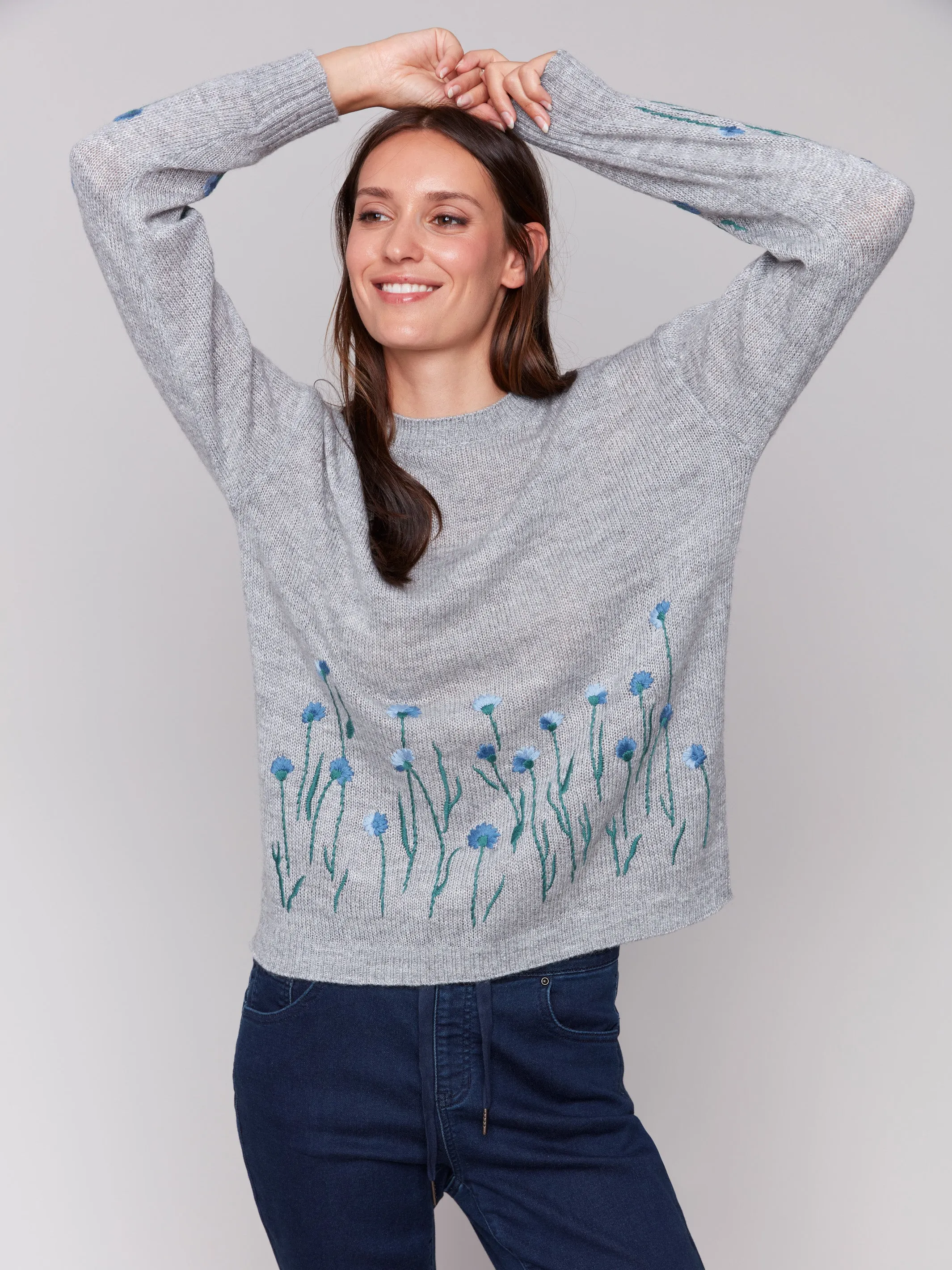 Sweater with Embroidered Flowers - Grey