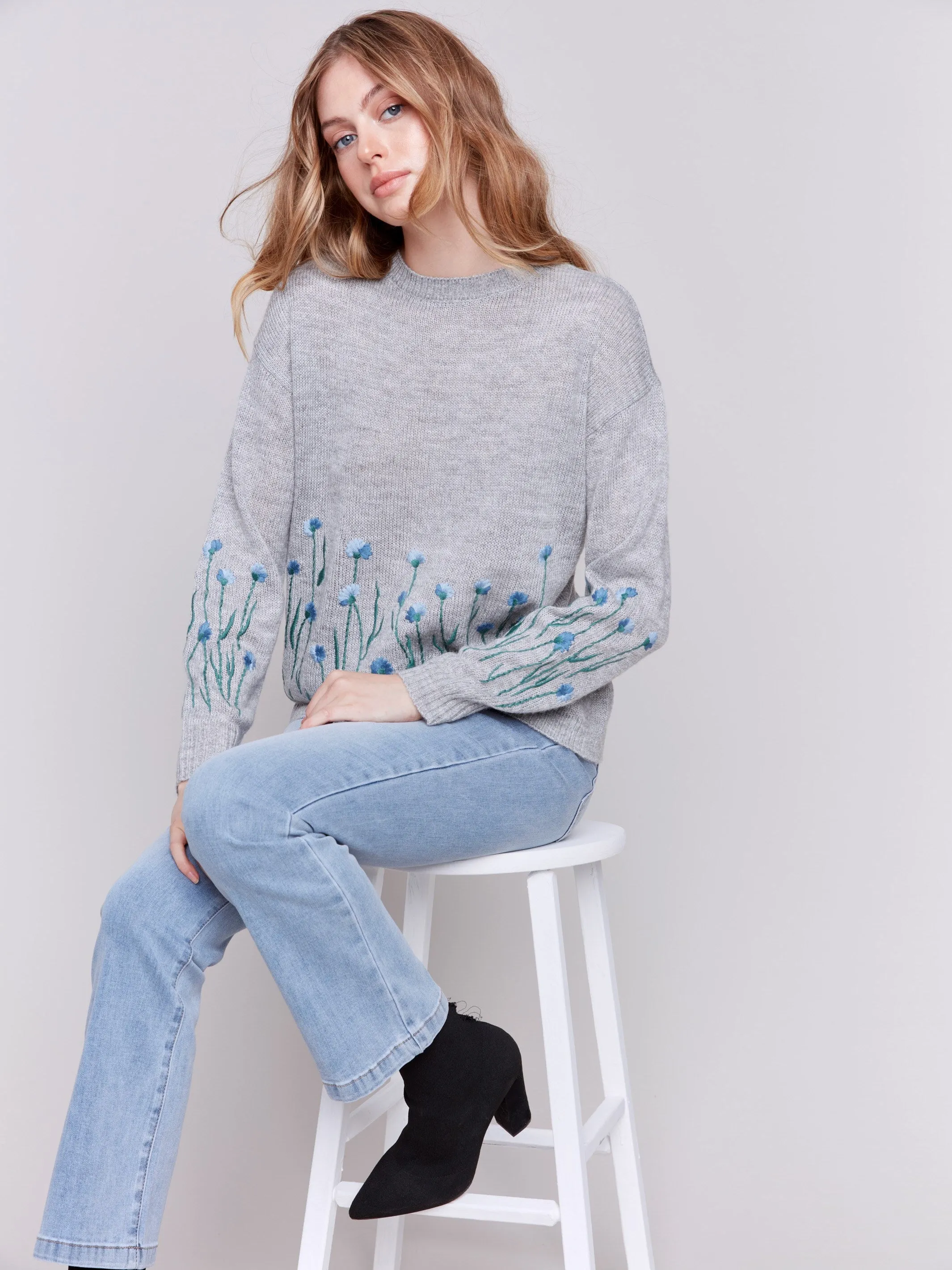 Sweater with Embroidered Flowers - Grey