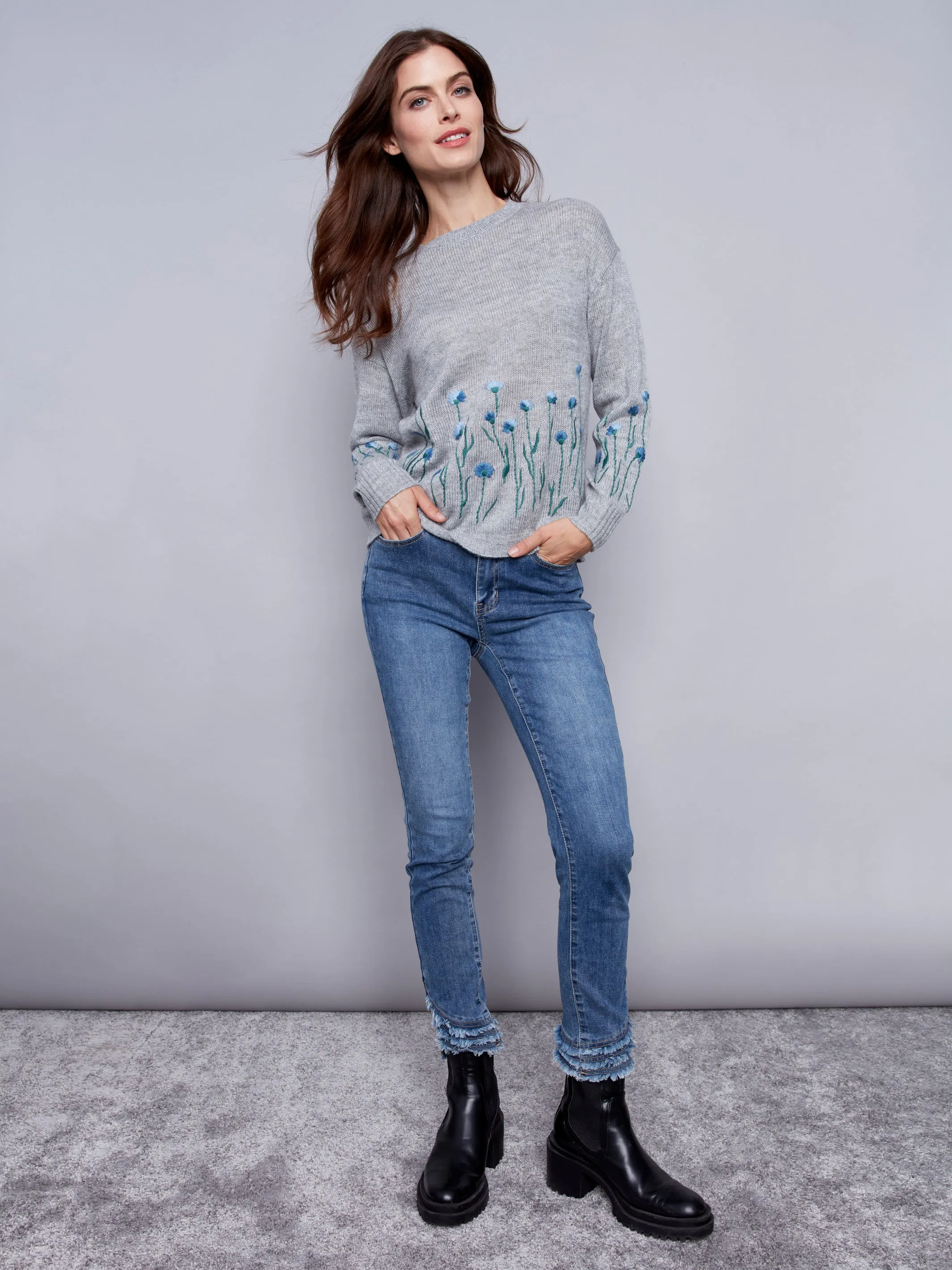 Sweater with Embroidered Flowers - Grey