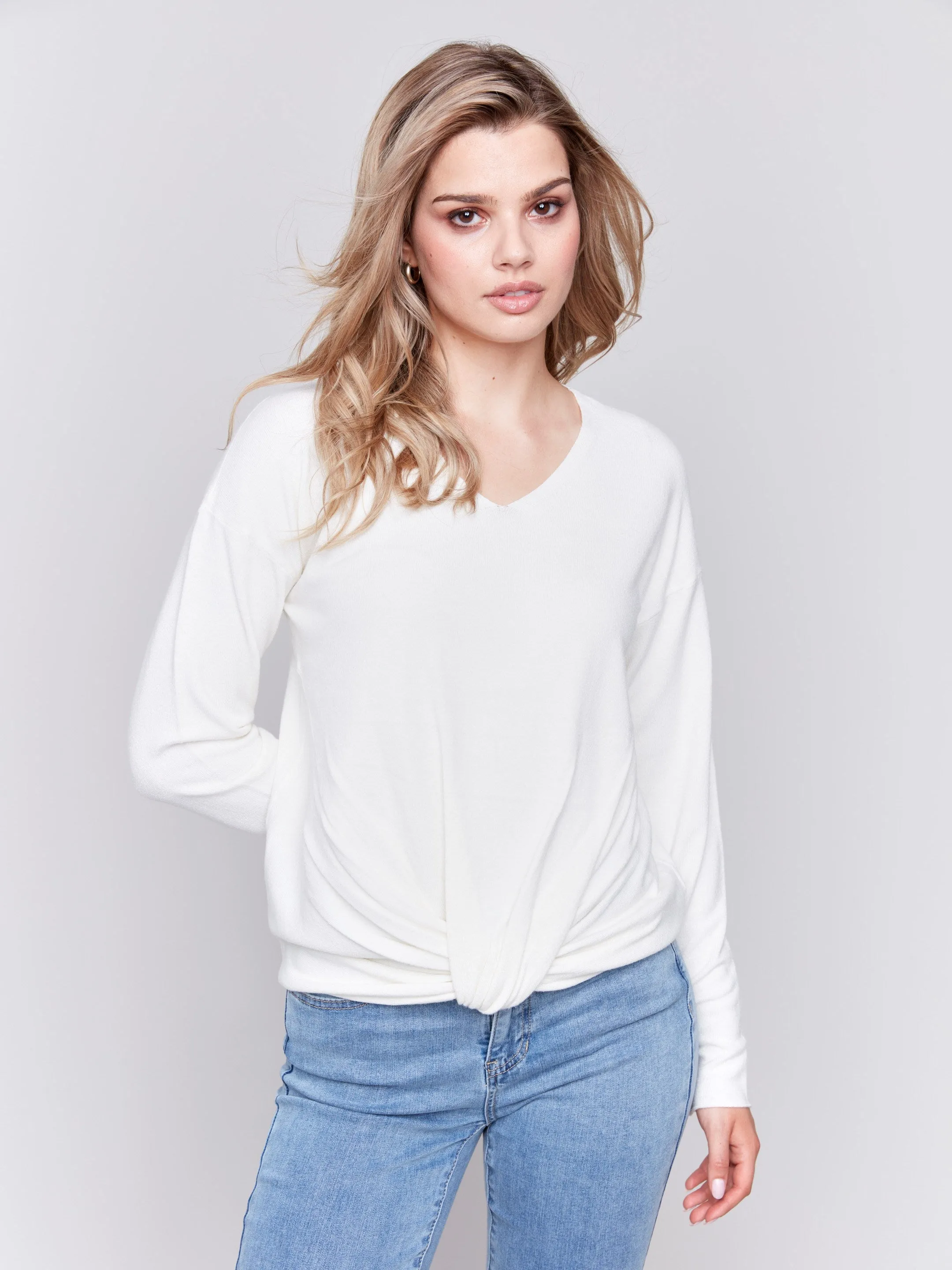 Sweater with Front Knot Detail - Ecru