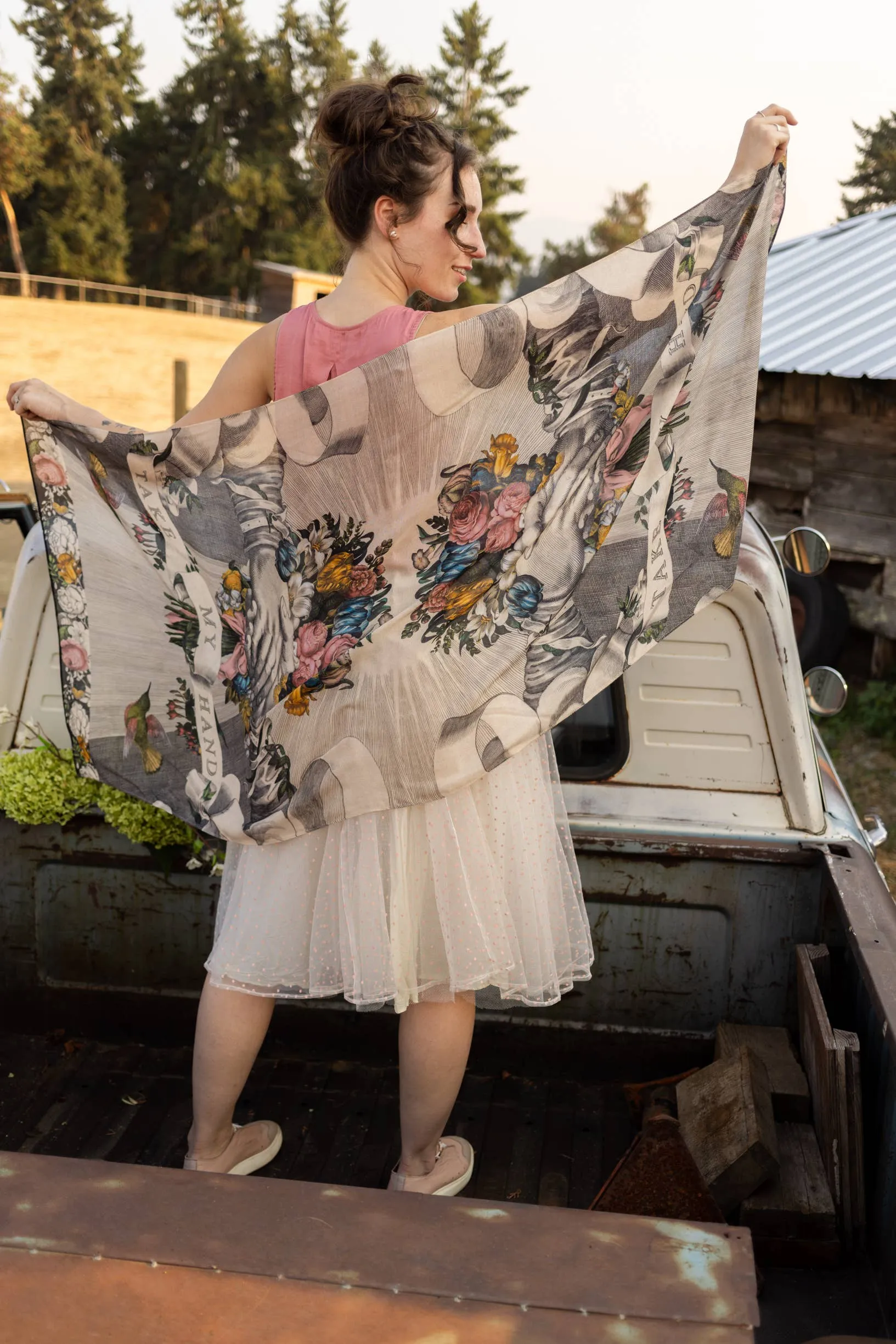 Take My Hand Boho Floral Bamboo Scarf with Hummingbirds