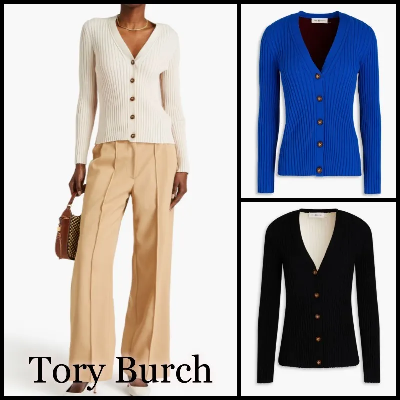 Tory Burch  |Casual Style Long Sleeves Plain Office Style Logo Cardigans