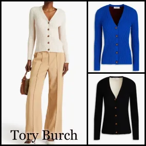 Tory Burch  |Casual Style Long Sleeves Plain Office Style Logo Cardigans