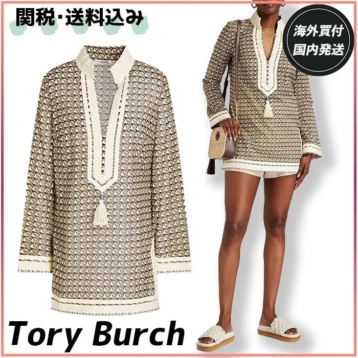 Tory Burch  |Tassel Long Sleeves Cotton Logo Tunics