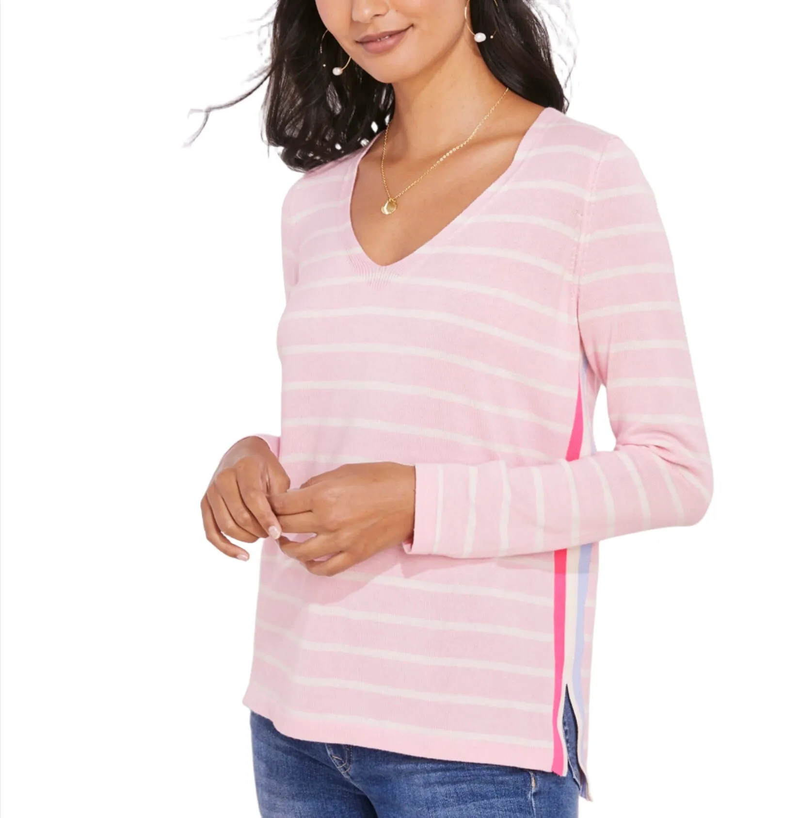 Vineyard Vines Womens Side Seam Pop Stripe V-Neck Long Sleeve Shirt