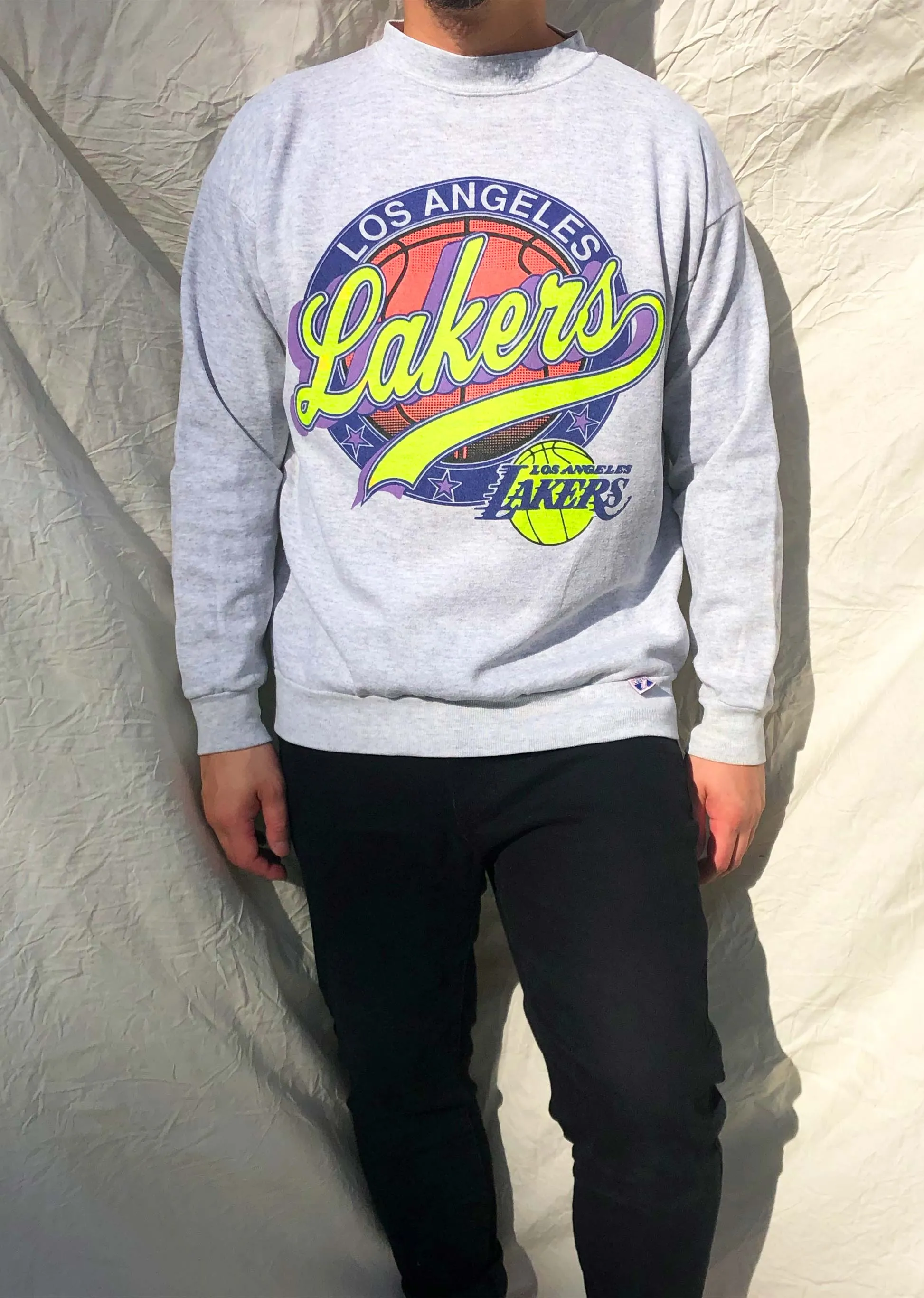 Vintage Logo 7 90's NBA Los Angeles Lakers Neon Sweater Grey (XL)