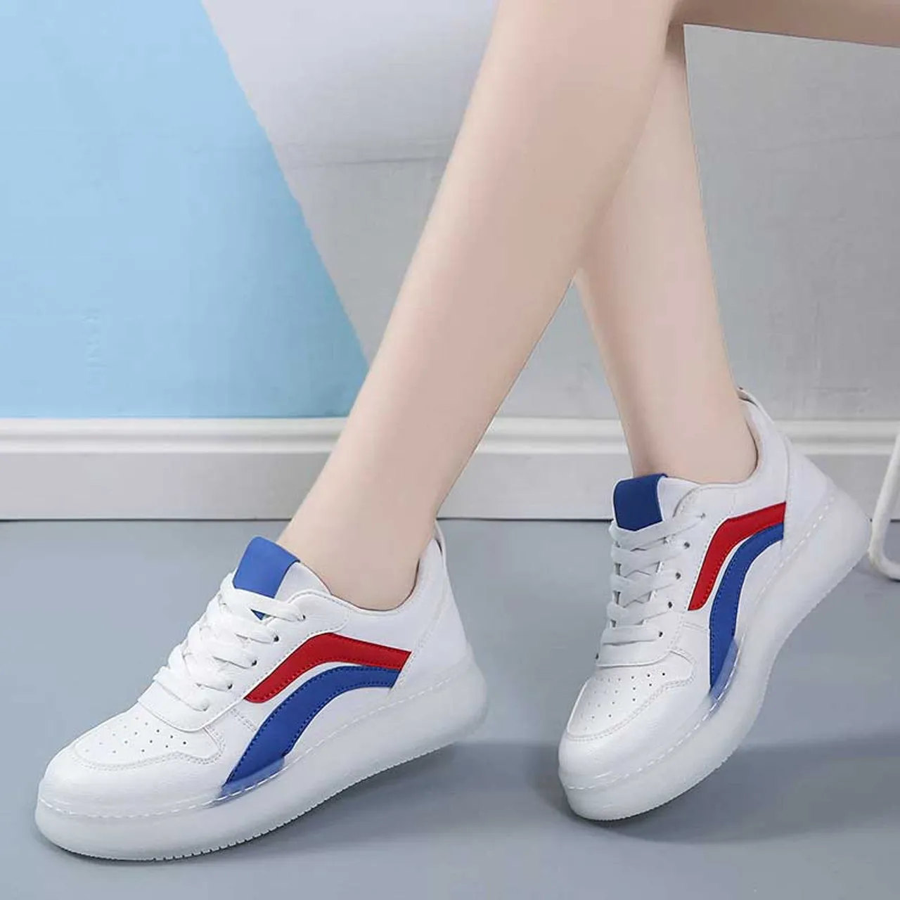 White blue color stripe shoe sneaker