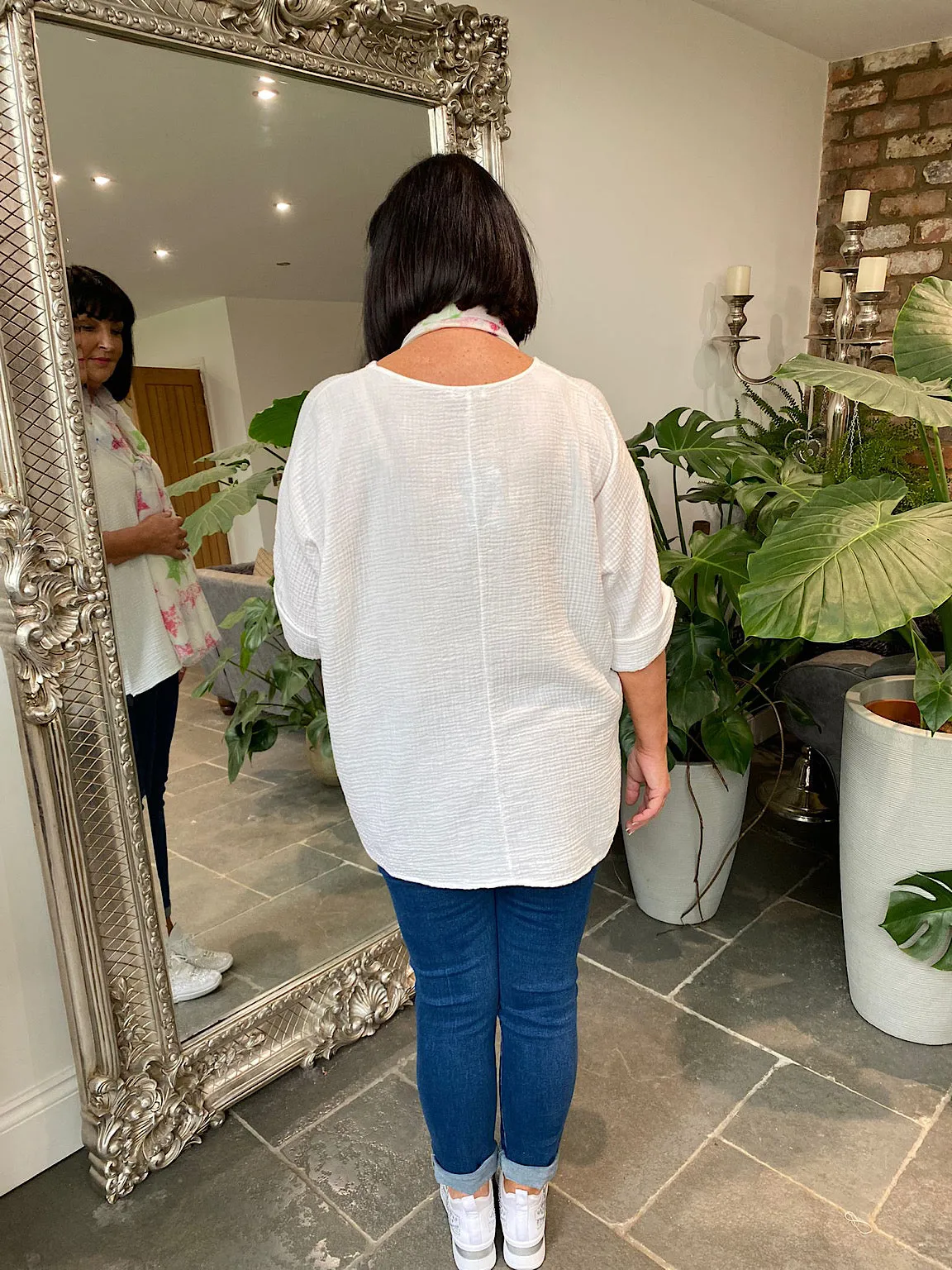 White Textured Round Neck Top Pippa