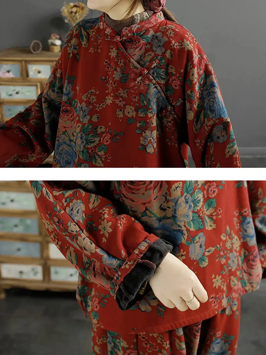 Women Ethnic Flower Loose Slanted Shirt