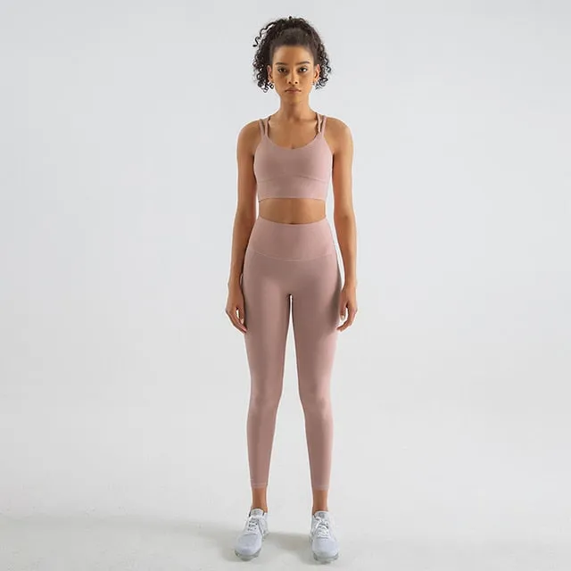 Women's Breathable Nylon Bra Tracksuit Leggings 2Pcs Fitness Yoga Outfit