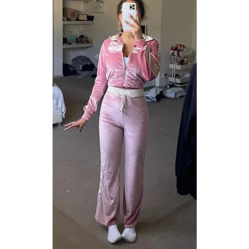 Women's Embroidery Letter Printed Zipper Sweatshirt Wide Leg Sweatpants