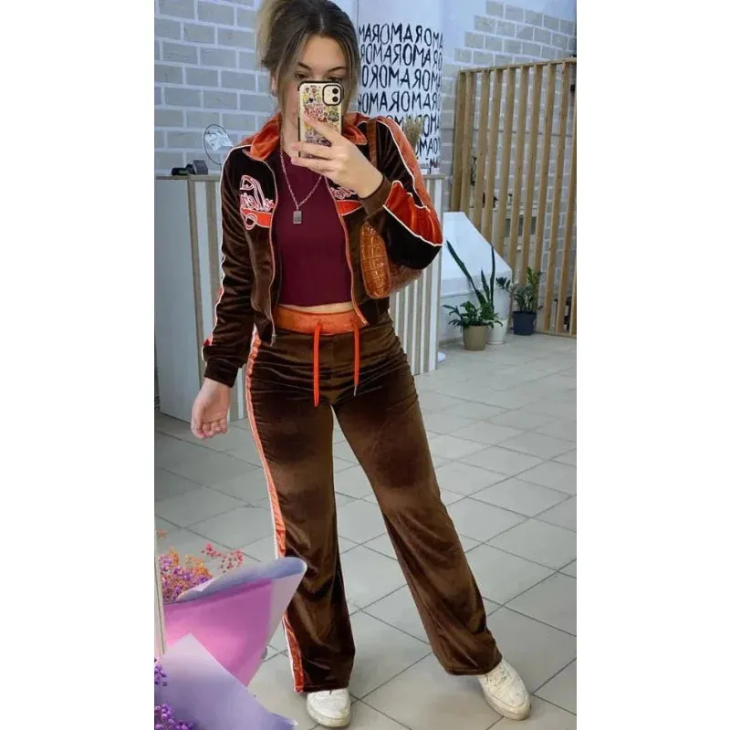 Women's Embroidery Letter Printed Zipper Sweatshirt Wide Leg Sweatpants