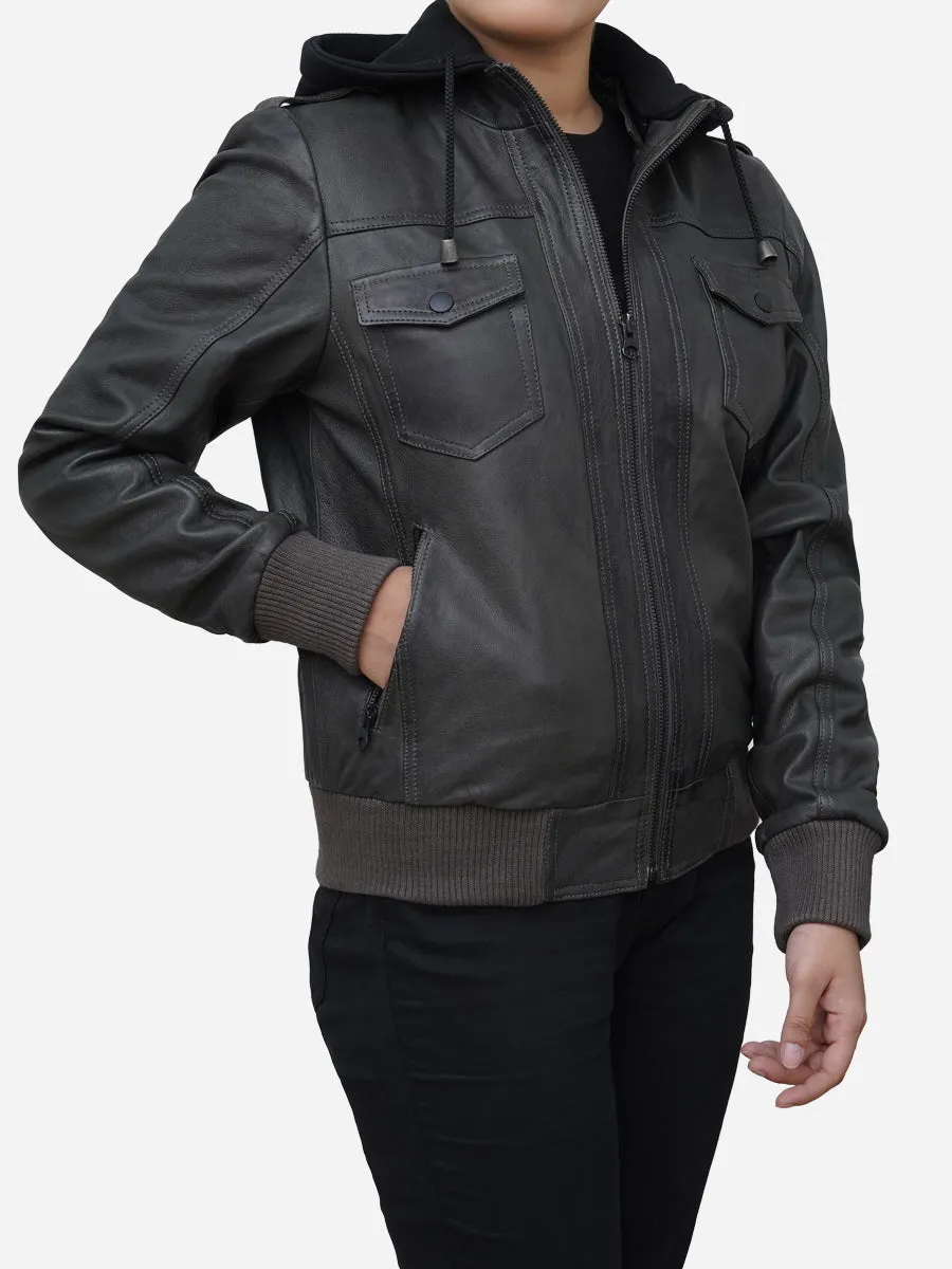 Women's Grey Real Lambskin Leather Hoodie Jacket