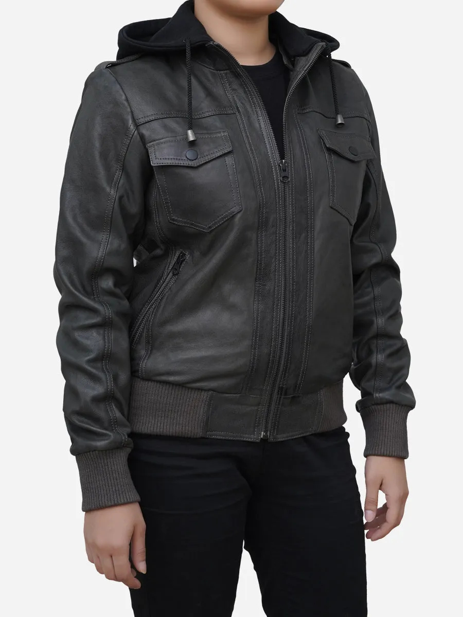 Women's Grey Real Lambskin Leather Hoodie Jacket