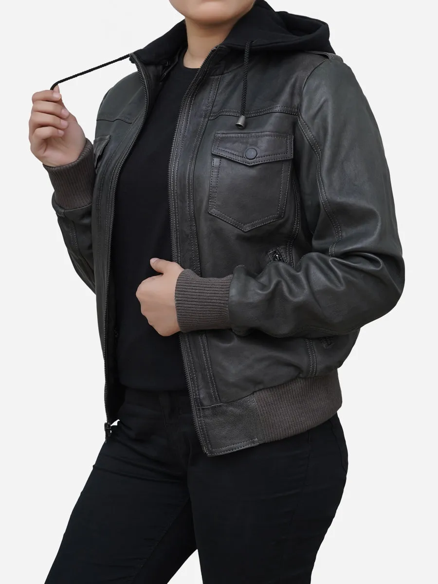 Women's Grey Real Lambskin Leather Hoodie Jacket