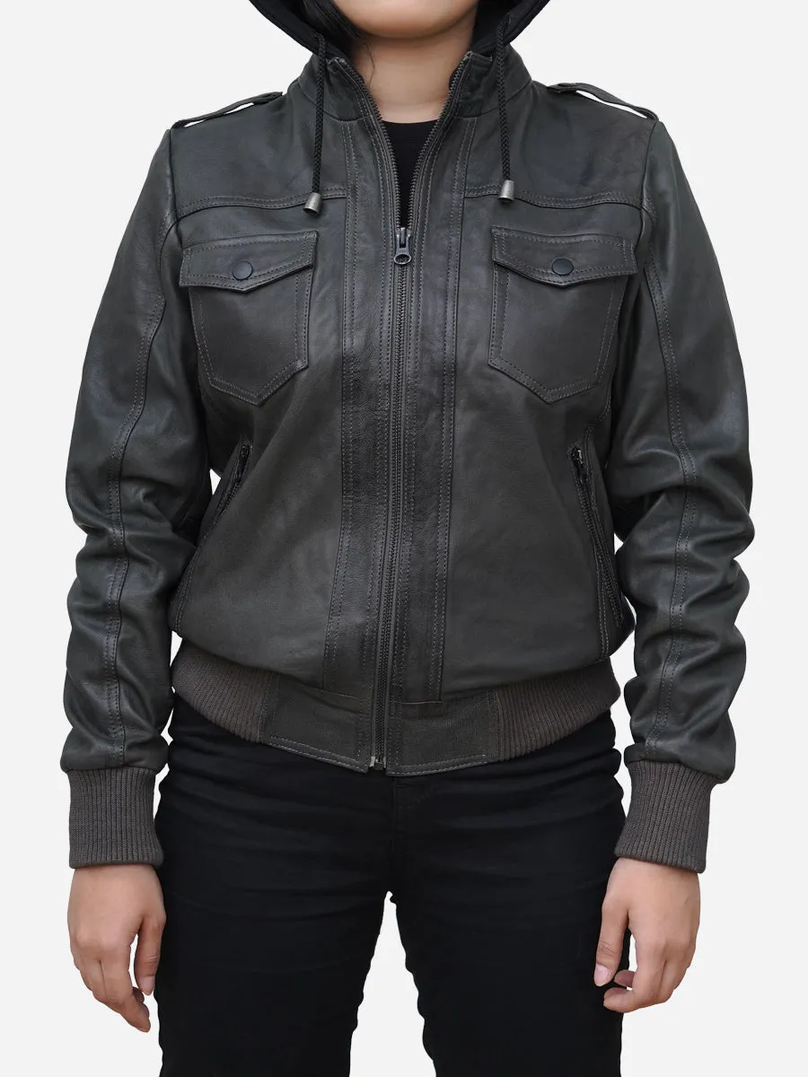 Women's Grey Real Lambskin Leather Hoodie Jacket