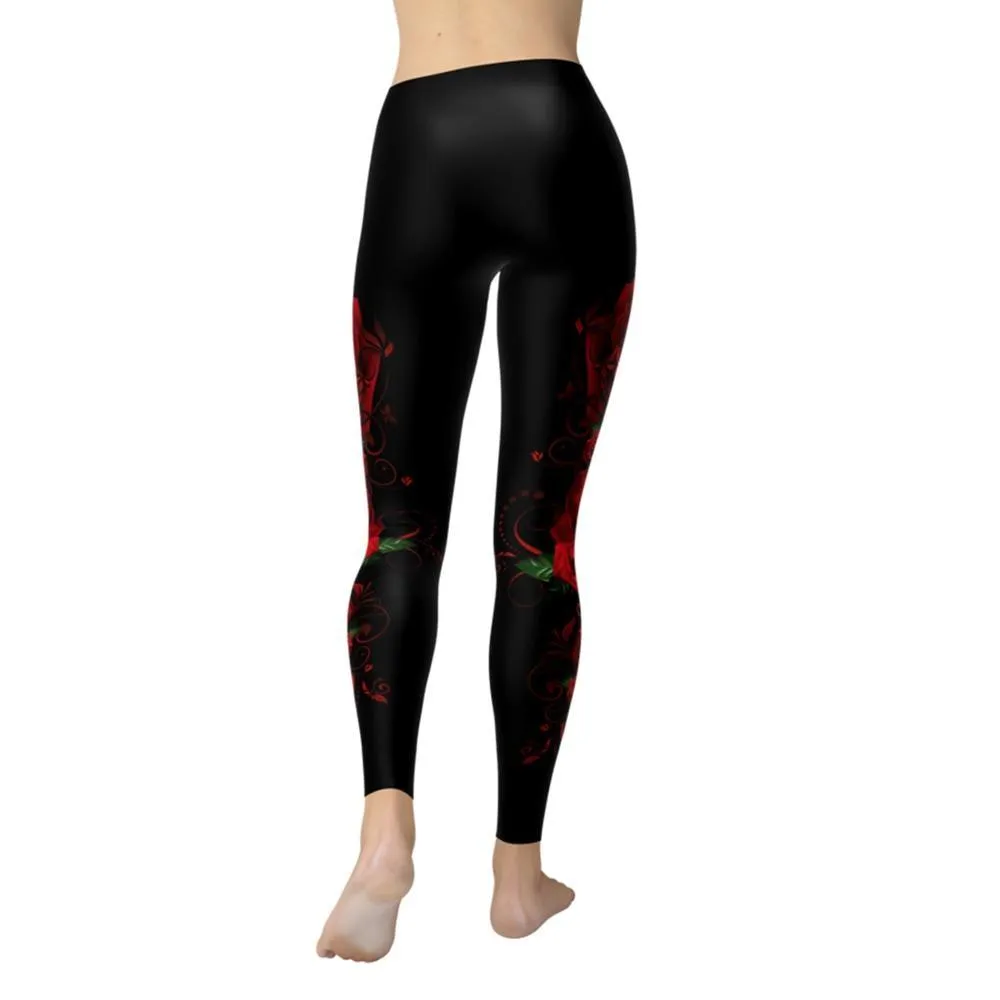 Women's Skinny Polyester Red Rose Pattern Printed Elastic Fitness Leggings