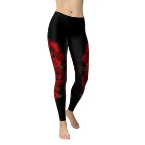 Women's Skinny Polyester Red Rose Pattern Printed Elastic Fitness Leggings