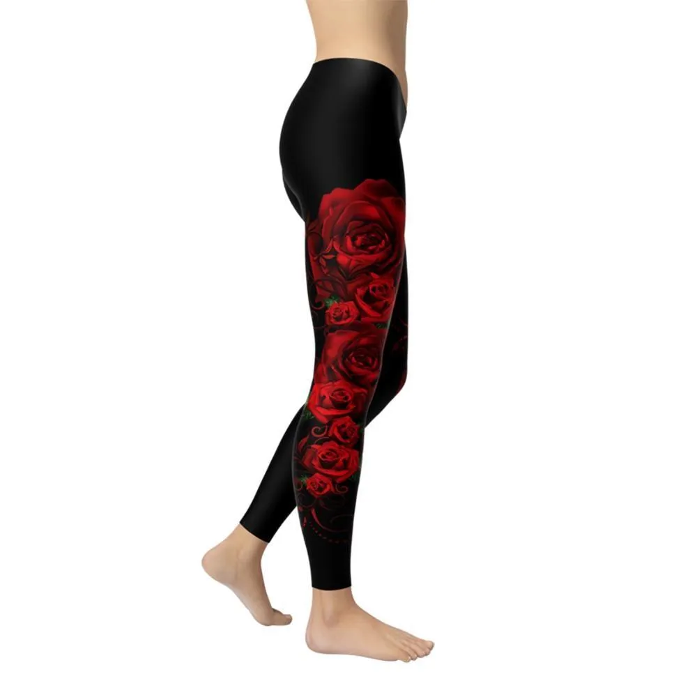 Women's Skinny Polyester Red Rose Pattern Printed Elastic Fitness Leggings