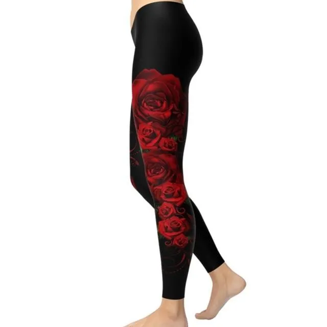 Women's Skinny Polyester Red Rose Pattern Printed Elastic Fitness Leggings