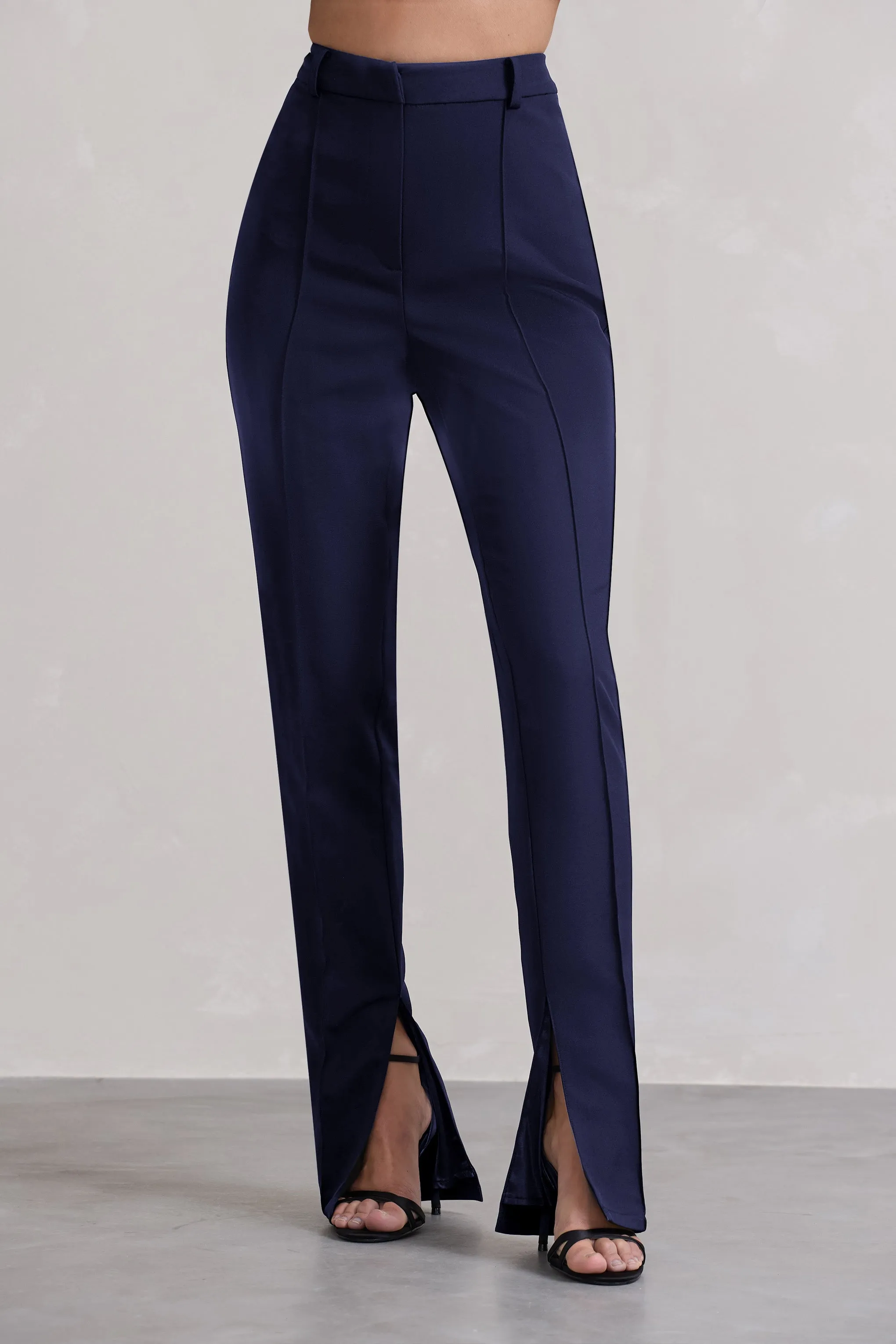 Wonder Woman | Navy High Waist Straight Leg Trousers With Hem Split