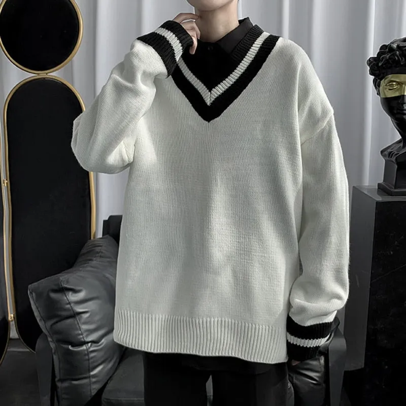 Xituodai 2022 New Man Oversized Sweater Contrast Color Big V-Neck Knitwear Autumn Winter Clothing Jumper Men Casual Knitted Pull