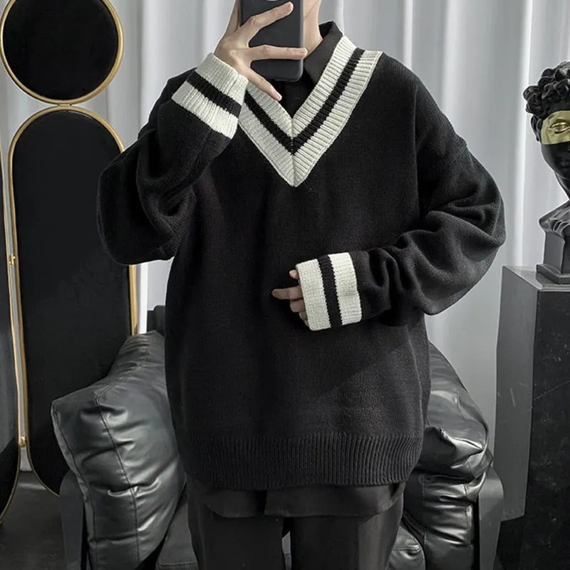 Xituodai 2022 New Man Oversized Sweater Contrast Color Big V-Neck Knitwear Autumn Winter Clothing Jumper Men Casual Knitted Pull