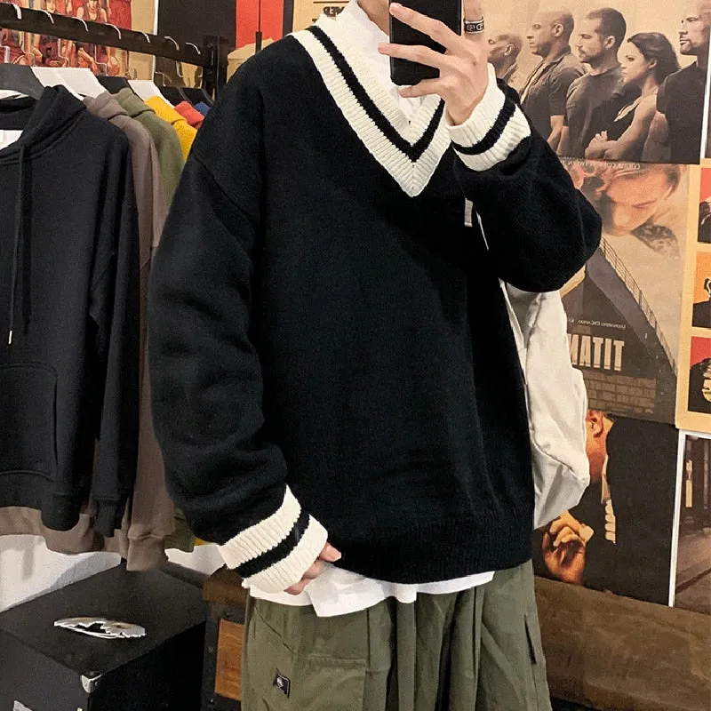 Xituodai 2022 New Man Oversized Sweater Contrast Color Big V-Neck Knitwear Autumn Winter Clothing Jumper Men Casual Knitted Pull