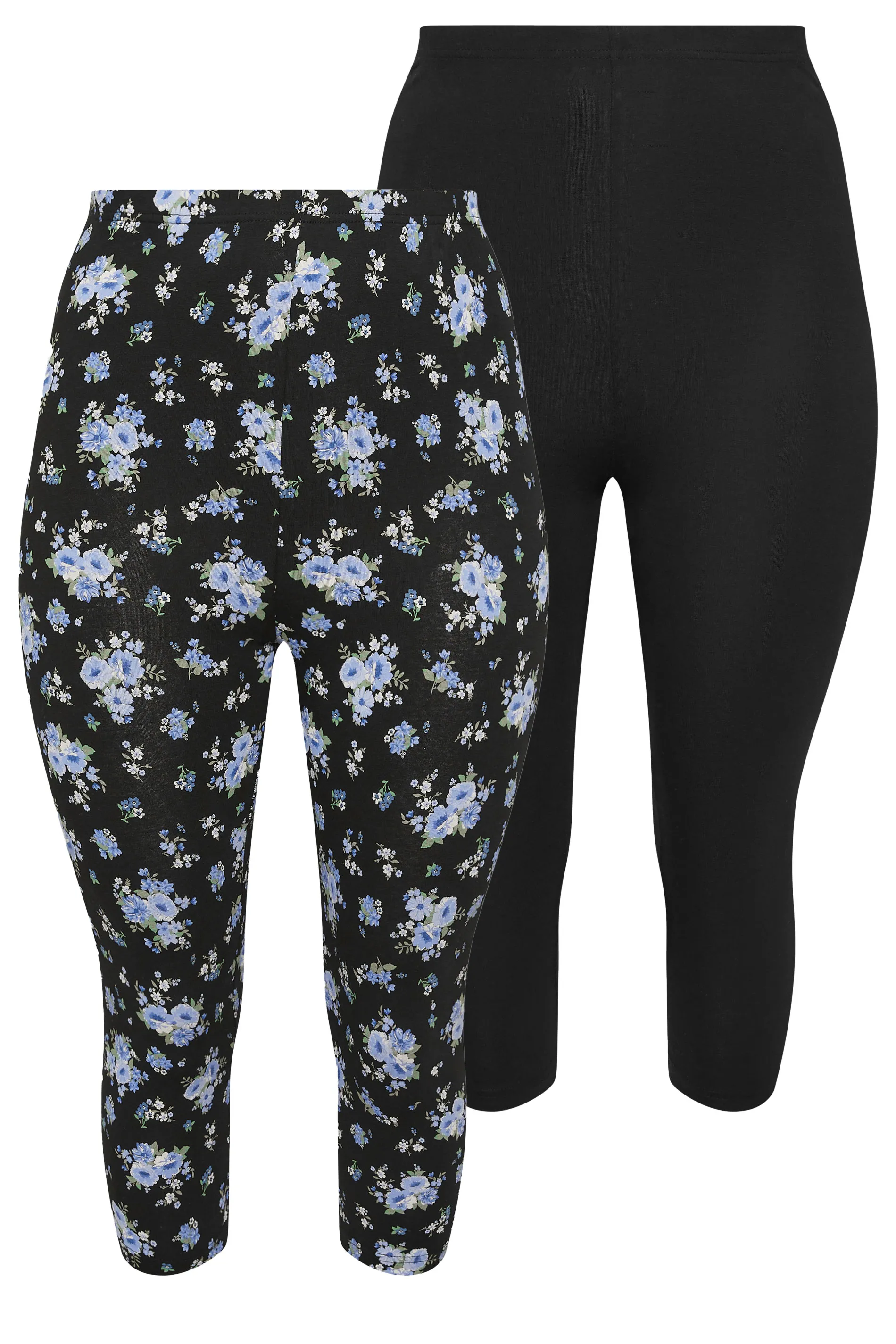 YOURS Curve 2 PACK Black & Blue Floral Print Cropped Leggings